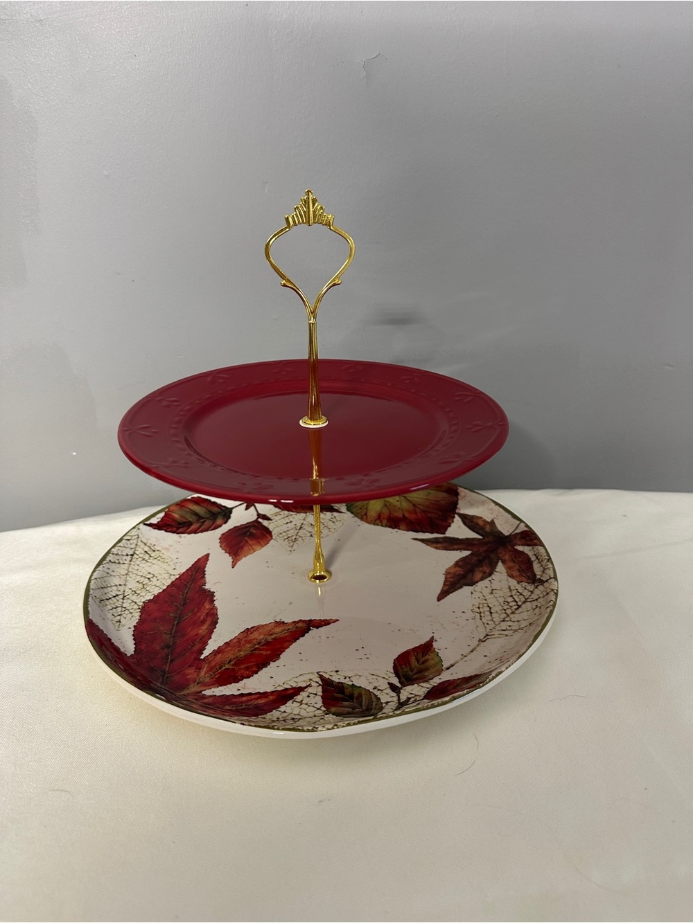 Two-Tier Red and Leaf Pattern Serving Stand - Gold Handle